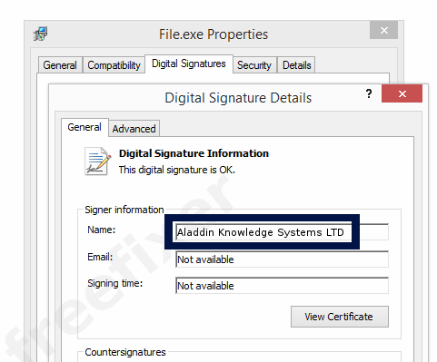 Screenshot of the Aladdin Knowledge Systems LTD  certificate